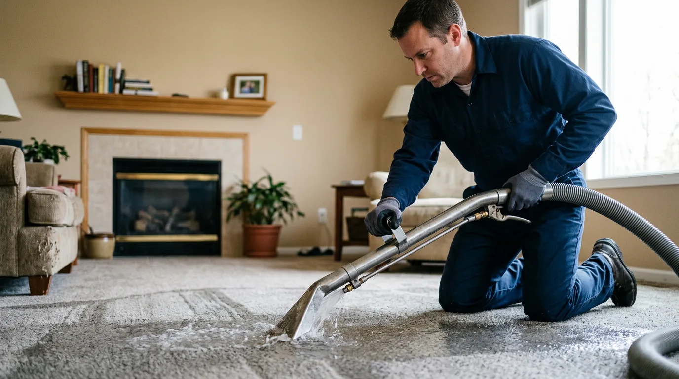 Water damage restoration technician working in a home in Idaho